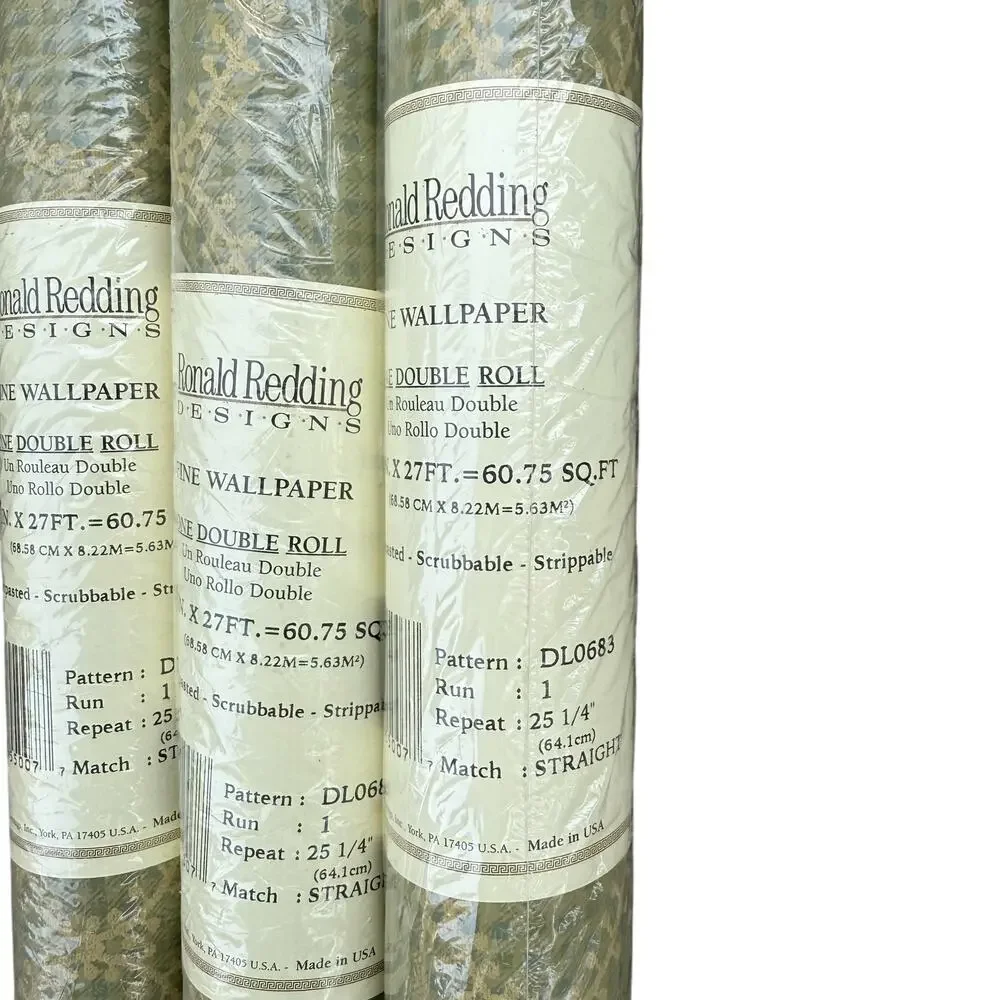 Ronald Redding Wallpaper Plaid Vines Farmhouse Green Gold DL0683 One Roll NEW